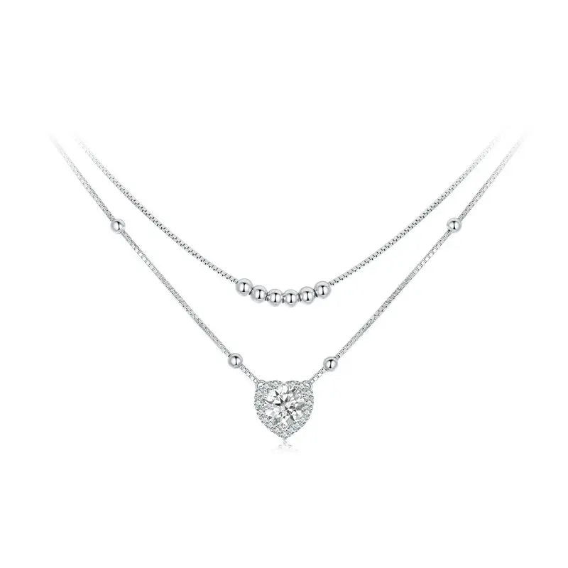 925 Sterling Silver Halo Heart Moissanite Pendant Necklace Double-layer Necklace for Women Valentine's Day Gift