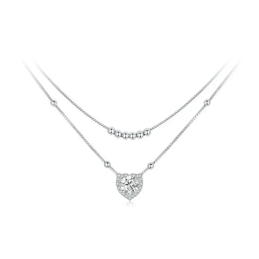 925 Sterling Silver Halo Heart Moissanite Pendant Necklace Double-layer Necklace for Women Valentine's Day Gift