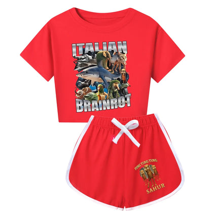 Italian Brainrot Meme Clothes Kids Cartoon Tung Sahur Pajama Sets Boys Long Sleeve Tops Legging 2pcs Set Girls Casual Sleepwear