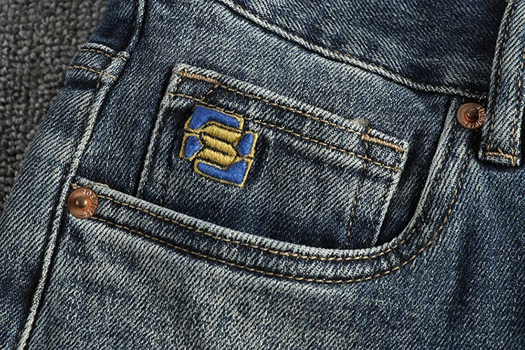 Embroidery embellished white to do old American vintage jeans men slim small straight leg fashion all-match youth pants