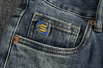 Embroidery embellished white to do old American vintage jeans men slim small straight leg fashion all-match youth pants