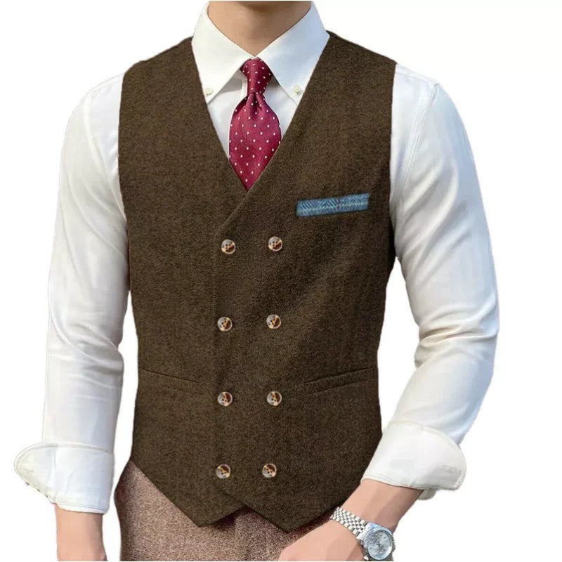 Men Vest Brown Solid Double ButtonTweed Slim Casual Business Waistcoat Jacket For Wedding Party Banquet Prom Set