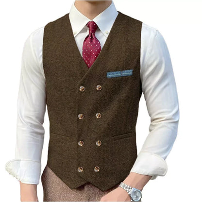 Men Vest Brown Solid Double ButtonTweed Slim Casual Business Waistcoat Jacket For Wedding Party Banquet Prom Set