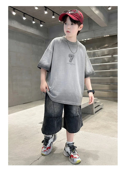 Luxurious Teen Boys Set For Child Elegant T-shirts + Denim Shorts 2PCS Clothes Set Summer Kids Luxury Clothing Set Age 6 To 16 Y