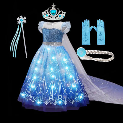 Halloween Girl Elsa Role Playing Dress Light Up Halloween Frozen Carnival Apparel Girls Birthday Cosplay Princess Glowing Dress