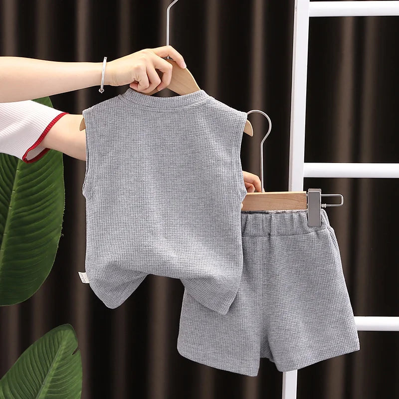 Korean Children Summer Sets Girl Boy Sleeveless Vest Shorts Suit Child Clothing Fashion Outfits Kids Costume