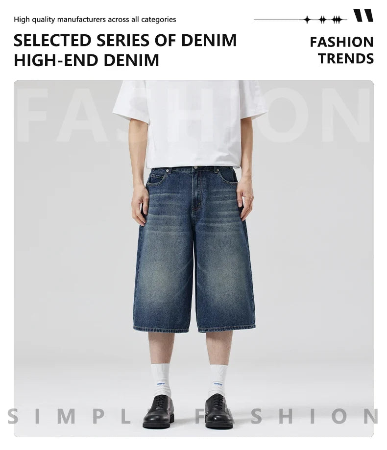 Summer New Fashion Denim Shorts Loose Straight Casual Vintage American Personality Jeans Streetwear Male Short Pants