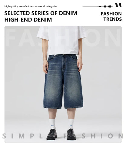 Summer New Fashion Denim Shorts Loose Straight Casual Vintage American Personality Jeans Streetwear Male Short Pants