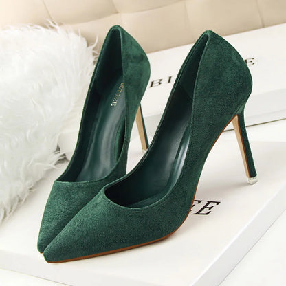 Women 9cm High Heels Yellow Burgundy Pumps Plus Size Stripper Suede Escarpins Lady Wedding Bridal Scarpins Green Blue Prom Shoes