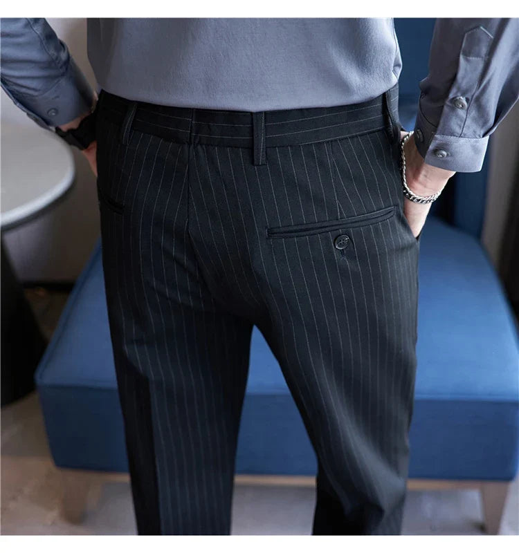 New Korean Style Fashion Striped Embroidery Suit Pants Men's Business Slim Casual Straight Pants Formal Wedding Party Trousers