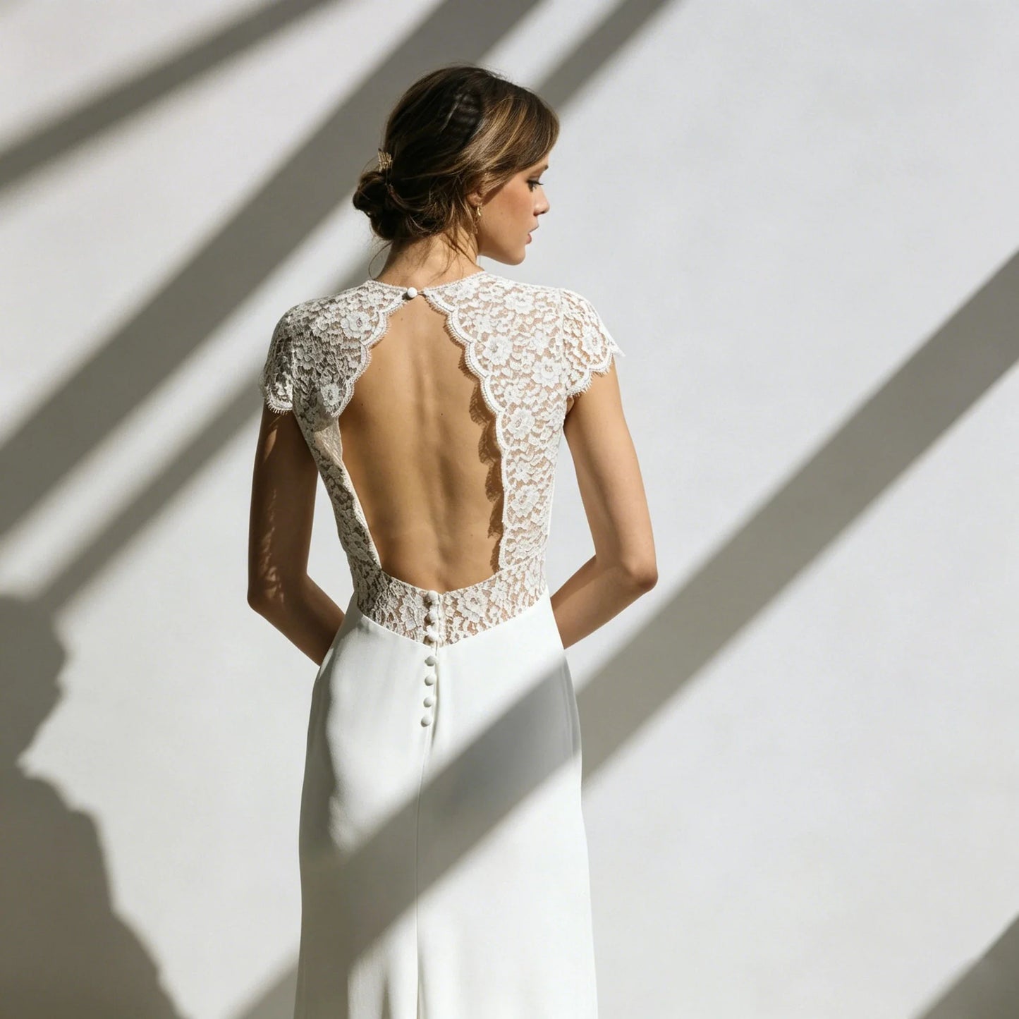Simple Mermaid Bridal Gown Deep V Floral Lace Cap Sleeve Sheer Waist Cutout Back Buttons Soft Chiffon Custom Beach Wedding Dress