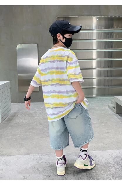 2025 New Arrival Summer Boy Clothing Set Yellow Stripe Tshirt + Denim Shorts Two Pieces Outfit Clothes Set for Kids Child 5-14T