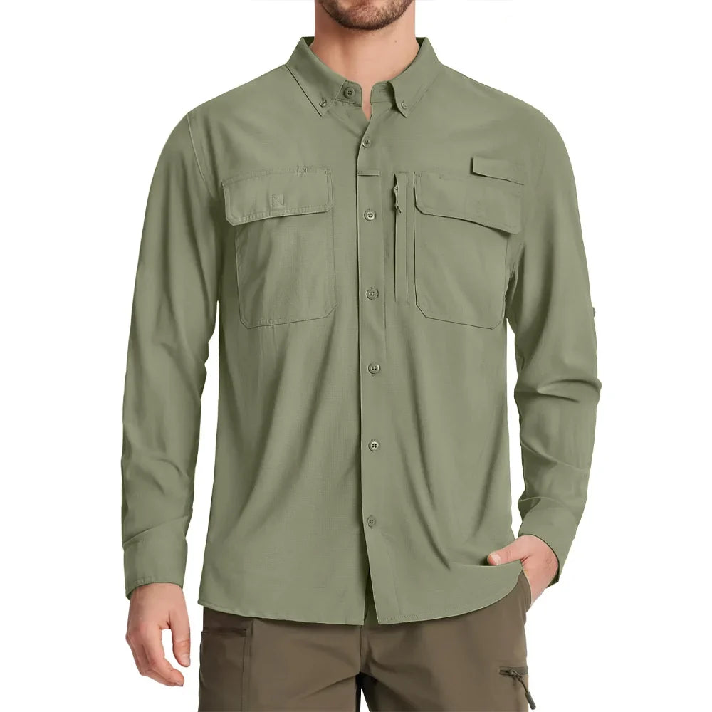 UPF 50+ Sun Protection Fishing Shirts Men's Quick Dry Long Sleeve Shirts Mesh Breathable Hiking Work Cargo Shirts