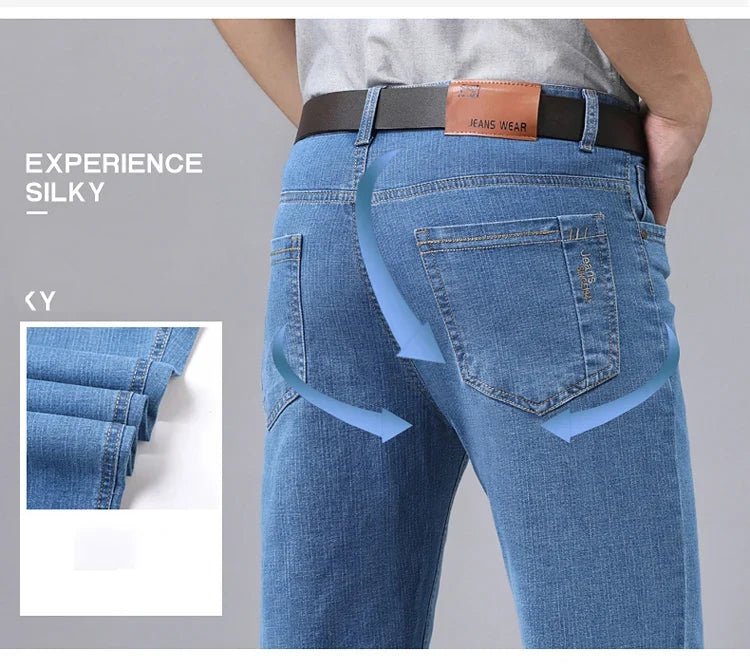 2025 New Light Blue Men's Comfort Soft Jeans Fashion Straight Business Pants Cotton Soft Casual Stretch Denim Trousers 28-40