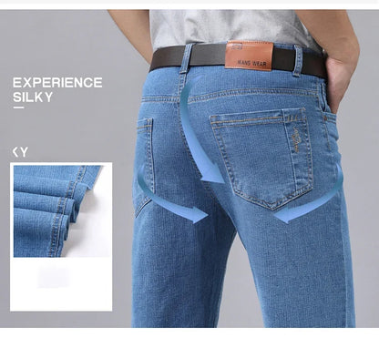 2025 New Light Blue Men's Comfort Soft Jeans Fashion Straight Business Pants Cotton Soft Casual Stretch Denim Trousers 28-40