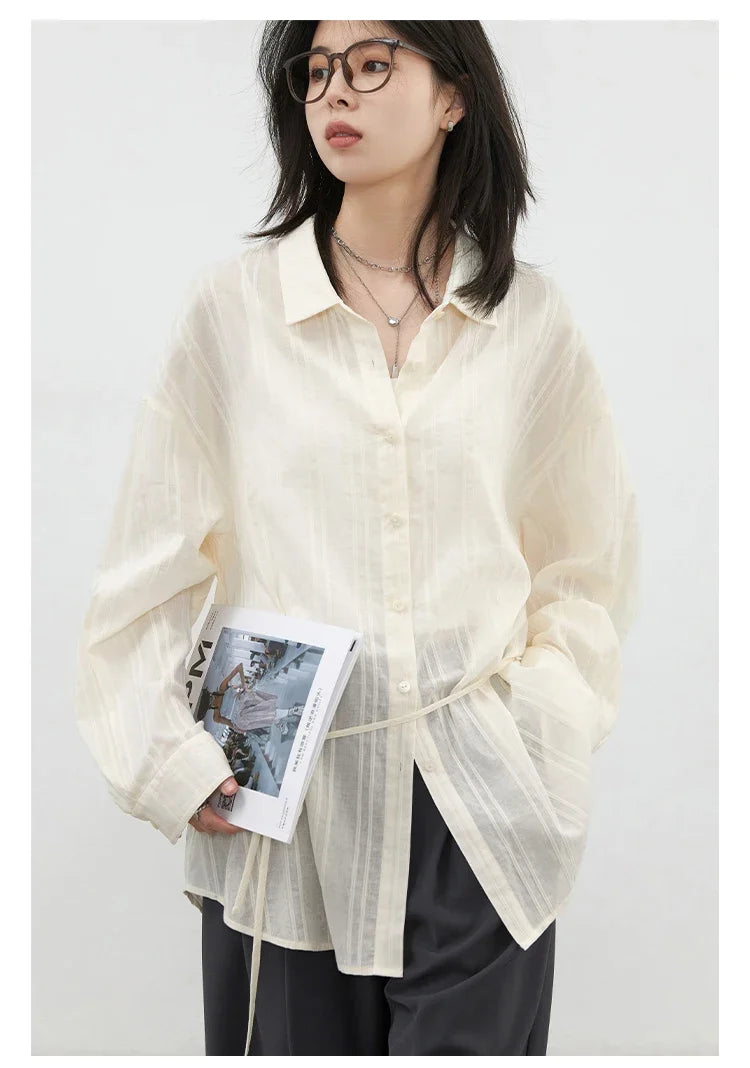 Women Shirt Textured Cotton Striped Waist Shirt Long Sleeves Female Sun Protection Blouses  Spring  Summer 2026