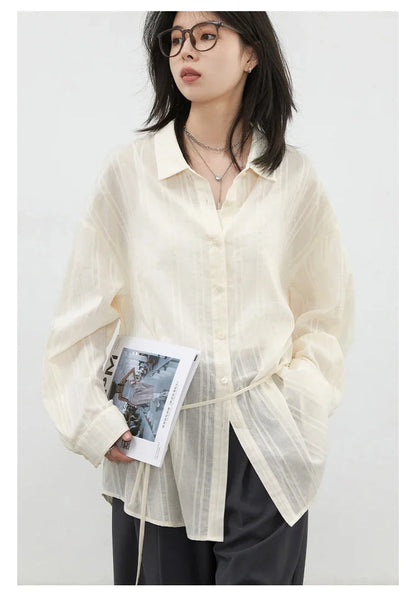 Women Shirt Textured Cotton Striped Waist Shirt Long Sleeves Female Sun Protection Blouses  Spring  Summer 2026