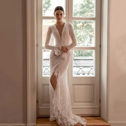 Boho Lace Appliques Mermaid Wedding Dress Simple Long Sleeves Sexy Deep V-Neck Cut-out Bridal Gown High Slit Vestidos Customized