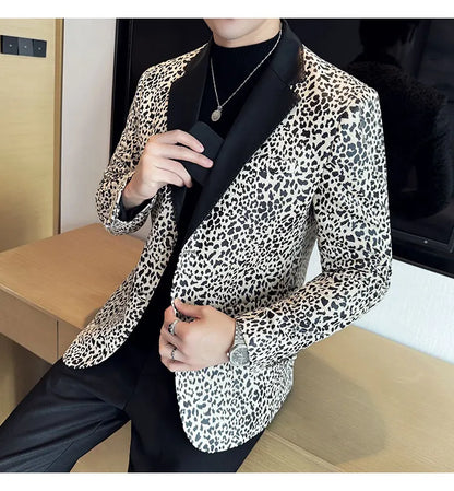 Splicing Leather Neck Casual Suit Jacket Fashion Leopard Men's Business Slim Fit Social Formal Blazers Wedding Groom Tuxedos