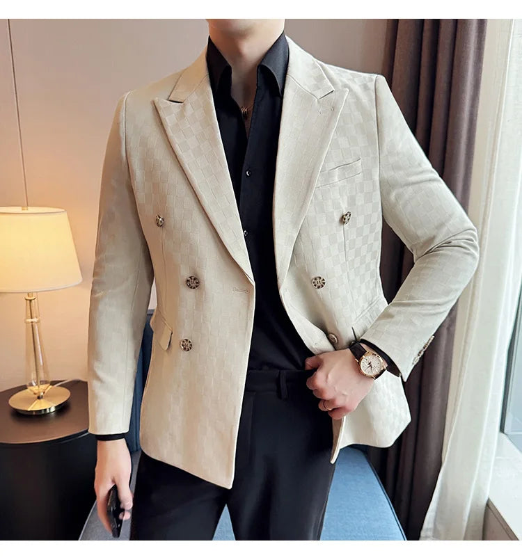 6 Color Luxury Double Breasted Blazers Coats 2024 New Fashion Checkered Business Slim Fit Social   Formal Suit Jacket 5XL-M