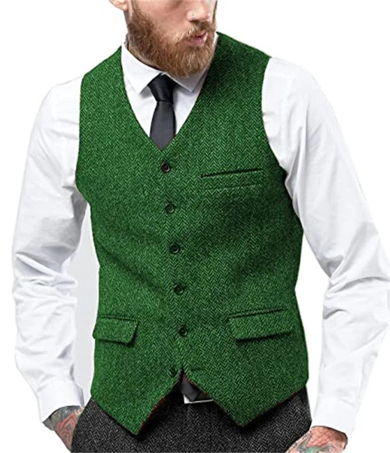 Herringbone Vest for Men Wool Tweed Waistcoat for Groom Groomsman Formal Single Breasted Males Plus Size Dress Suit Vest