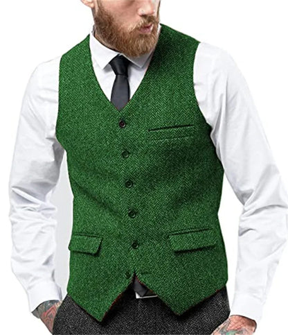 Herringbone Vest for Men Wool Tweed Waistcoat for Groom Groomsman Formal Single Breasted Males Plus Size Dress Suit Vest