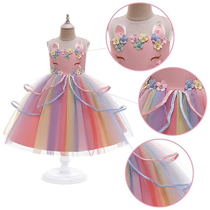 Dreamy Girl Embroidery Sleeveless Unicorn Mesh Princess Dress With Hair Hoop Wing For Kids Party Performance Birthday Gift 2-10T