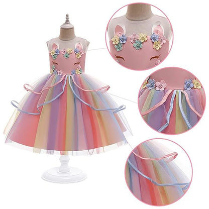 Dreamy Girl Embroidery Sleeveless Unicorn Mesh Princess Dress With Hair Hoop Wing For Kids Party Performance Birthday Gift 2-10T