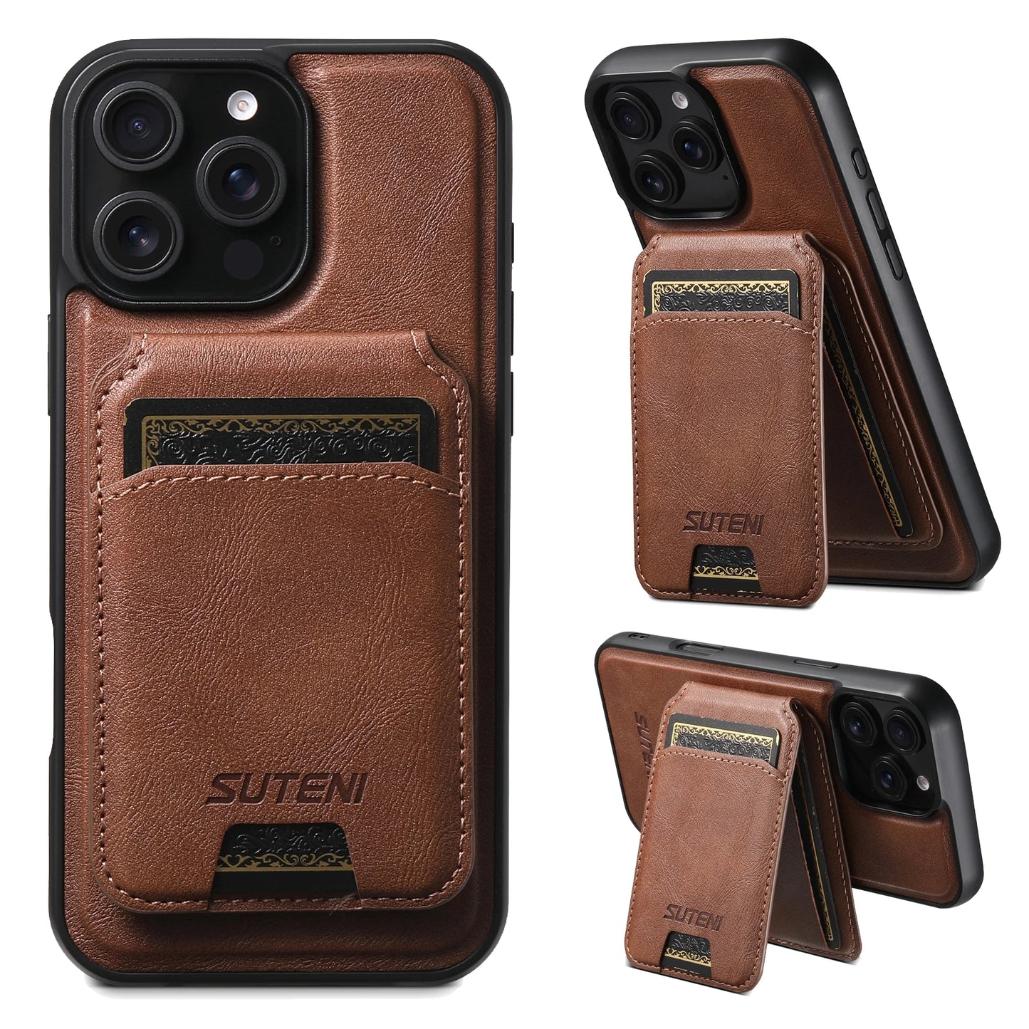 Wireless Charging Magnet PU Leather Phone Case Card Holder Stand For iPhone 17 Pro Max 16 Plus 15 Pro 13 12