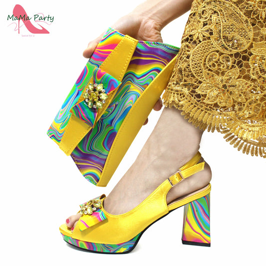 2024 New Design Italian Women Shoes and Bag to Match in Super High Heels in Yellow African Ladies Sandals for Wedding Party