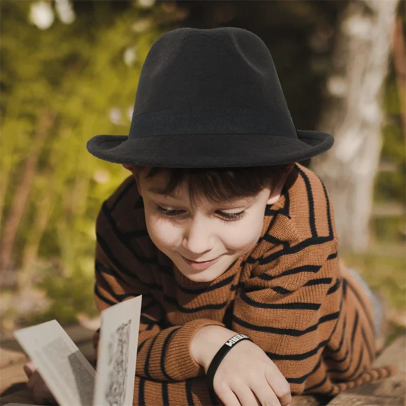 Vintage Kids Rolled Brim Trilby Hat for Boys Girls Child Fedora Hat Autumn Winter Felt Jazz Cap