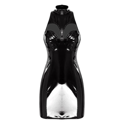 Womens Wet Look PU Leather Mini Dress Mock Neck Sleeveless Hollow-out Push-up Bra Bodycon Tube Dress Clubwear for Raves Party