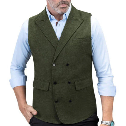 Men Vest Black Herringbone Double Button With Lapel Waistcoat For Wedding Birthday Banquet Office Business Work Men Suit Vest