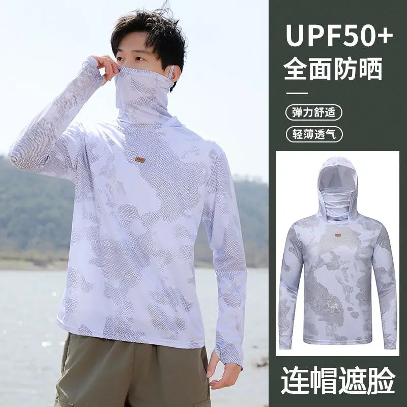 Mens UPF50+ T-Shirt Hoodie Tight Sports Casual Sun Protection T-Shirt Running Quick Dry Hoodie Sunscreen Fishing Men's Clothing