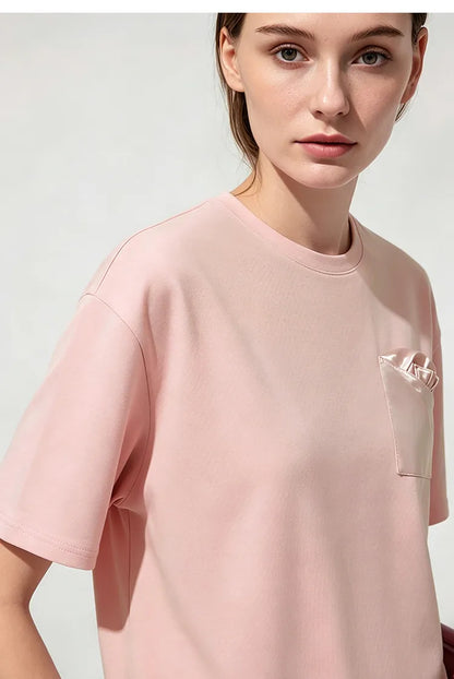 Women's T-Shirt 2026 Summer New Oversized Cotton Short Sleeve Tops Side Slit Mid Length Patch Pocket Tee Shirt 12642037