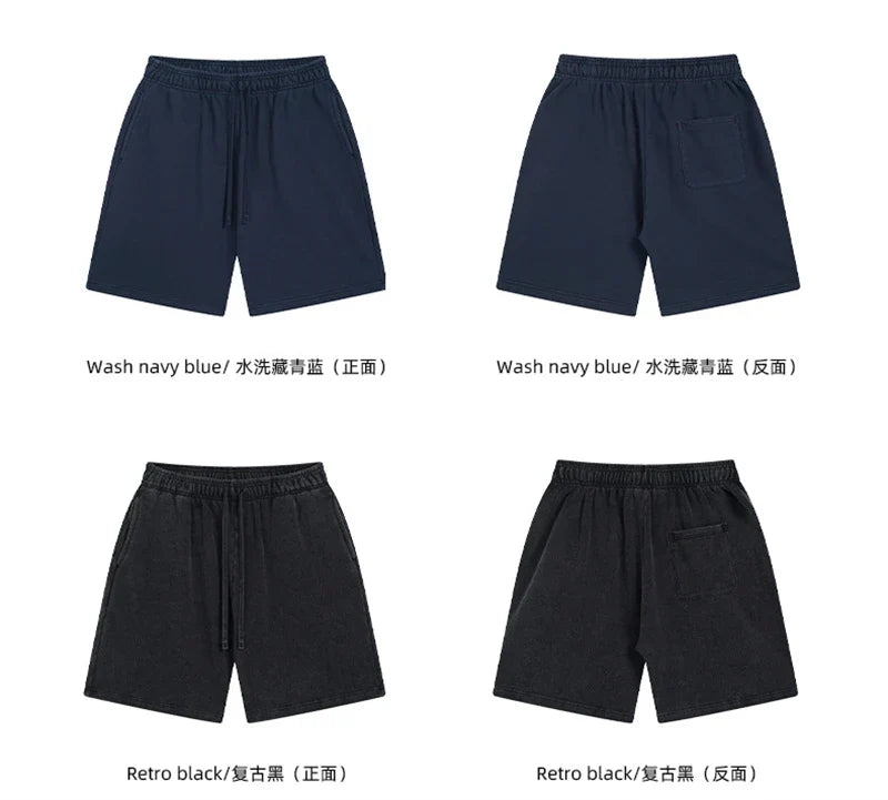 Fashion Summer Men 420gsm Washed Cotton Shorts Retro Unisex High Street Terry Knee Length Short Pants Streetwears HY0845