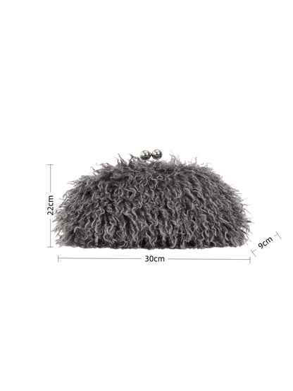 Women kisslock Faux Fur Clutch bag winter warm dark grey pouch frame clasp bag with chain crossbody