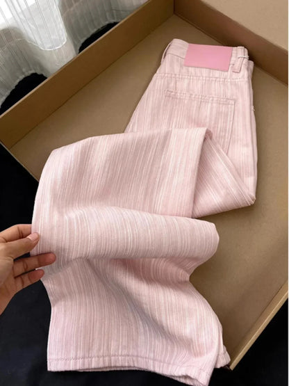 2025 Summer Thin High Waist Straight Leg Wide Leg Pants Women's Denim Jeans Floor-Length Casual Pink Trousers Long Pants Feamle