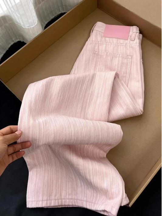 2025 Summer Thin High Waist Straight Leg Wide Leg Pants Women's Denim Jeans Floor-Length Casual Pink Trousers Long Pants Feamle