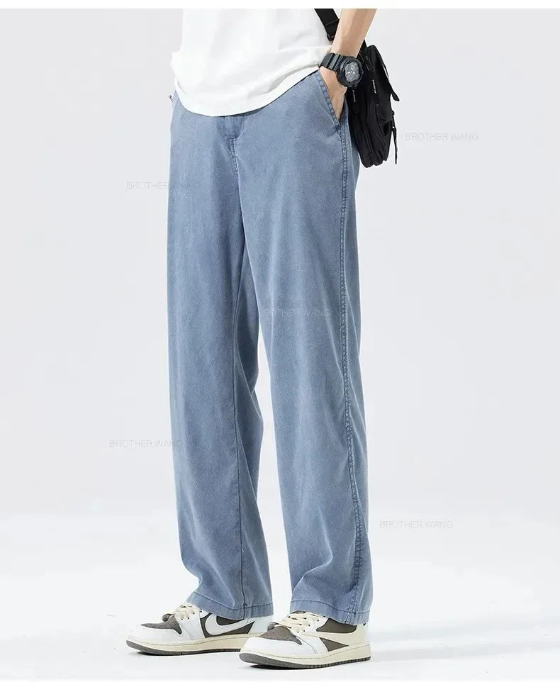 Ultra Thin Baggy Jeans Men's Summer New in Lyocell Soft Breathable Straight Trousers Elastic Waist Casual Blue Gray Wide Pants