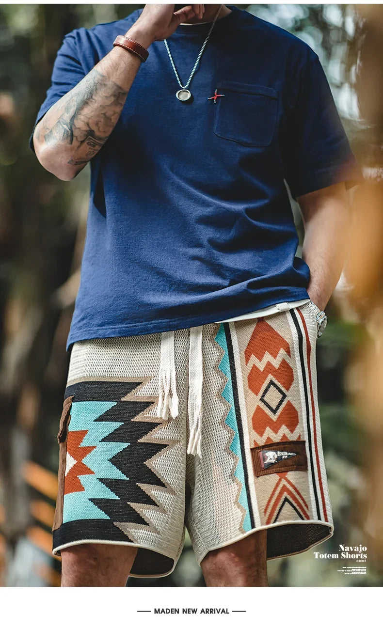 Navajo Totem Knitted Shorts Men's  Elastic Waist Casual Shorts with Corduroy Pocket Summer Beach Breathable Short Pants