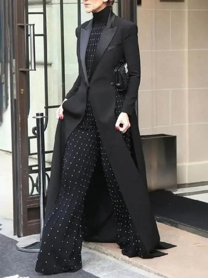 Missuoo Women's Black Extra-long Blazer Coat Lapel Long Sleeves Split-side Elegant Formal Floor Length Tailored Evening Coat
