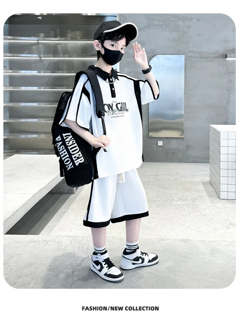 Summer Boys Patchwork Alphabet Preppy T-Shirt Tops+Drawstring Shorts Pant Set School Kids 2PCS Tracksuit Children Outfits 5-16Yr