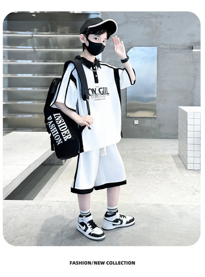 Summer Boys Patchwork Alphabet Preppy T-Shirt Tops+Drawstring Shorts Pant Set School Kids 2PCS Tracksuit Children Outfits 5-16Yr