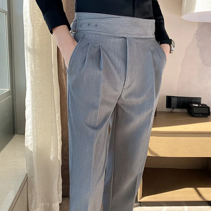 British Style Autumn New Solid High Waist Trousers Men Formal Pants 2025 High Quality Slim Fit Business Casual Suit Pants Hommes
