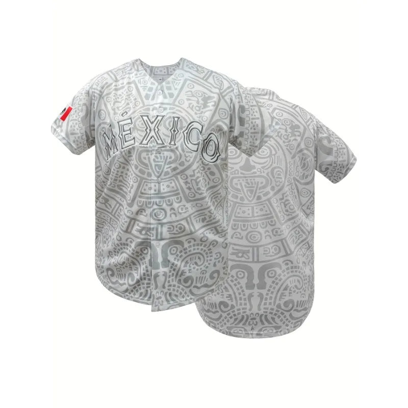 Men's Baseball Jersey Short Sleeve with "MEXICO" Embroidery Breathable Loose Fit for Casual Parties, Sports & Outdoor Activities