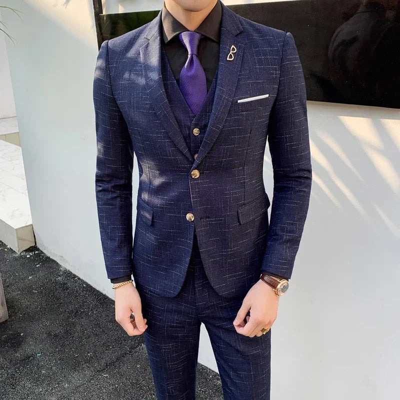 High Quality Slim-fit Men's Three-piece Suit with Vest And Trousers - Double Buckle Wedding Art Fabric Tough Man Suit