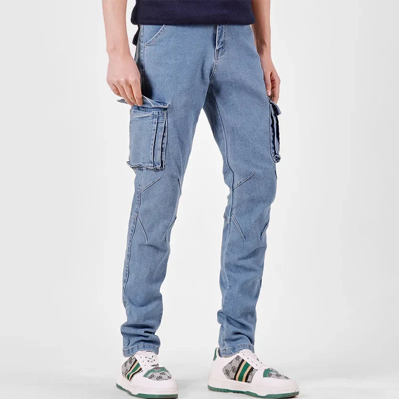 Men's Street Style Elastic Waist Denim Cargo Pants Solid Color Washed Slim Fit Casual Jeans with Multiple Pockets for Daily Wear
