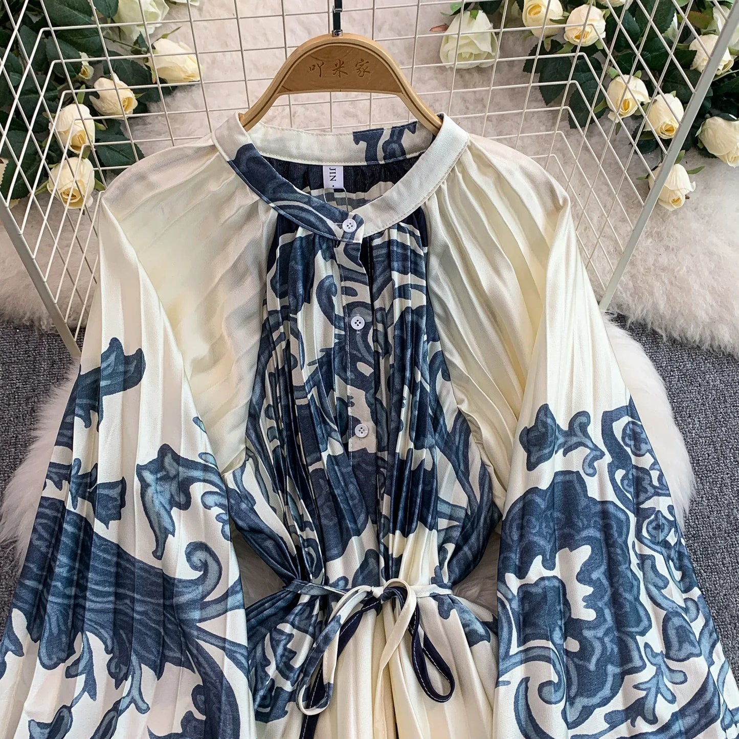 Ele Printed round Ne Lantern Sve Dr Women's Single Button Waist Cinch Maxi Skirt Long Dr Commute Sle Autumn