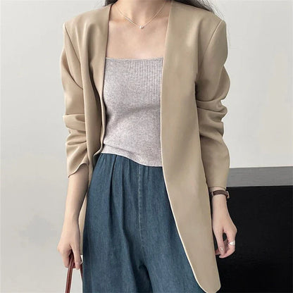 Fashion New Solid Casual Joker Women's Blazer Spring Autumn No Placket Cardigan Suit Jackets V-neck Long Sleeve 19-Color Coats